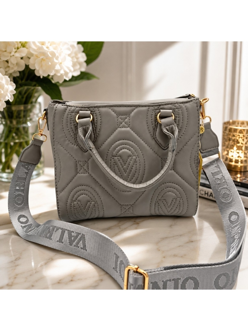 Valentino Orlandi Gray Quilted Crossbody Bag with Detachable Strap